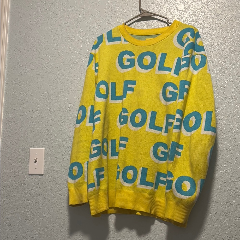 Golf Wang Yellow and Blue Crewneck Sweater Bold Text Design